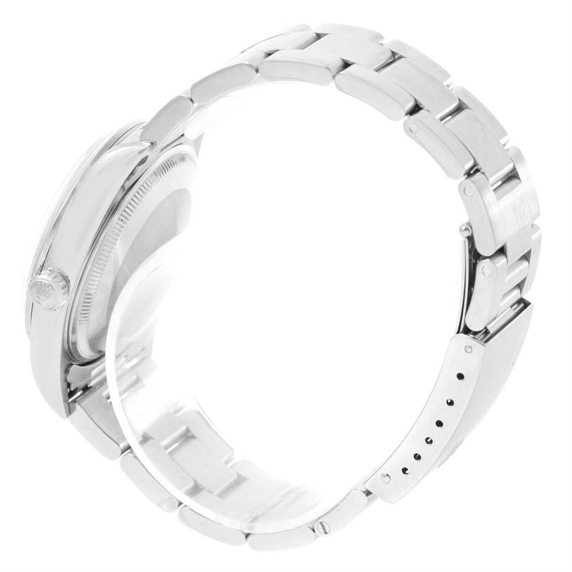 The image shows a side view of a Rolex Air-King 14000 Men's Stainless Steel Black Dial 14000 Men's Stainless Steel Black Dial watch, highlighting its stainless steel bracelet and case.