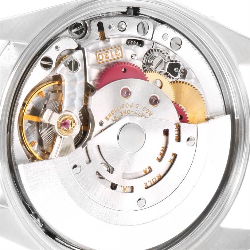 The image shows the internal mechanism of a Rolex Air-King 14000 Men's Stainless Steel Black Dial 14000 Men's Stainless Steel Black Dial watch, highlighting gears and intricate components from a close-up angle.