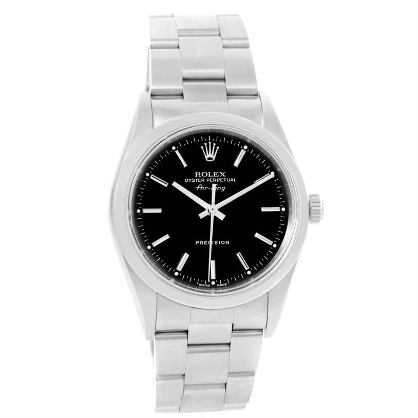 The image shows a front view of the Rolex Air-King 14000 Men's Stainless Steel Black Dial 14000 Men's Stainless Steel Black Dial watch, displaying its black dial, silver markers, and metal bracelet.