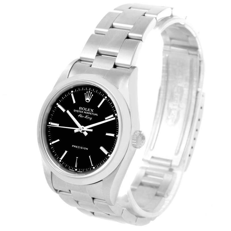 The image shows a Rolex Air-King 14000 Men's Stainless Steel Black Dial 14000 Men's Stainless Steel Black Dial watch from a front angle highlighting its face, bezel, and bracelet.