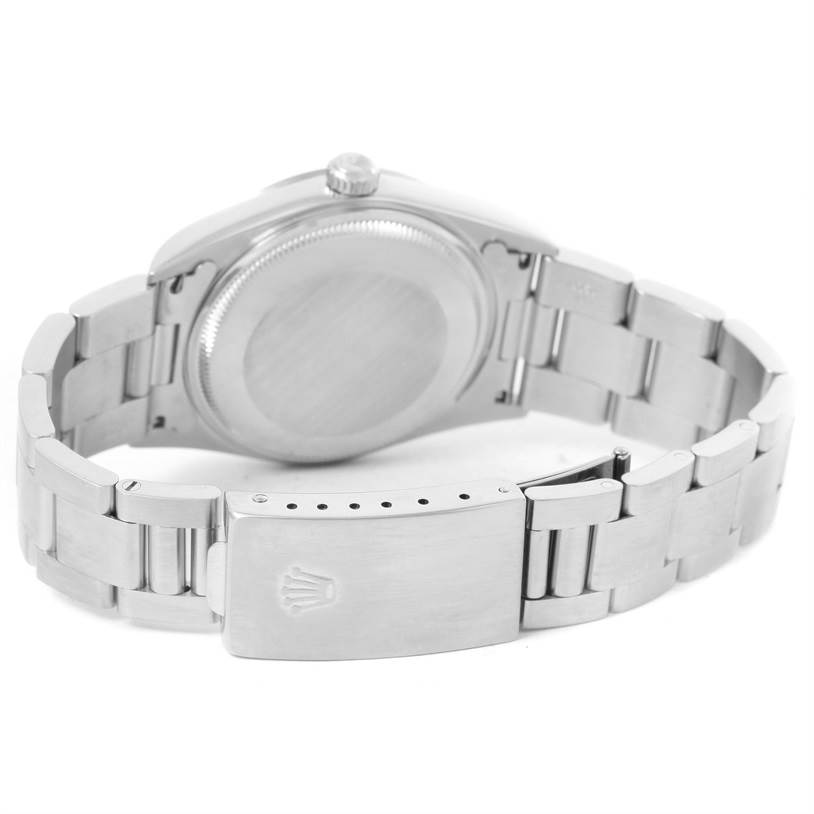 The image shows the back of the Rolex Air-King 14000 Men's Stainless Steel Black Dial 14000 Men's Stainless Steel Black Dial watch, highlighting the case back and clasp of the metal bracelet.