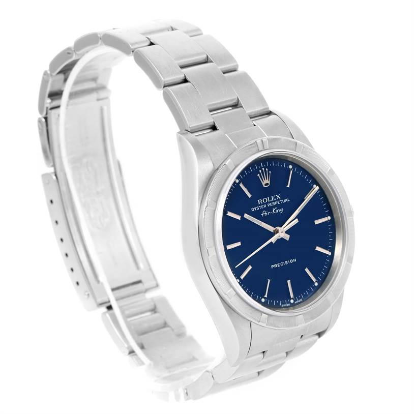 The image shows a Rolex Air-King 14010 Men's Stainless Steel Blue Dial 14010 Men's Stainless Steel Blue Dial watch with a blue dial and silver metal bracelet, captured from a front-left angle.