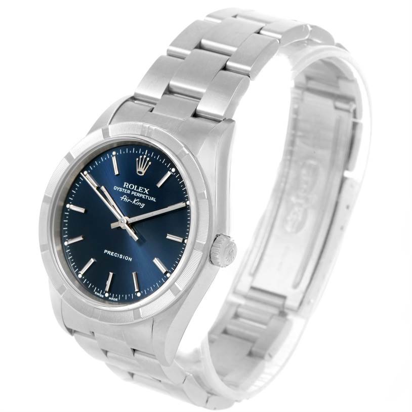 The image shows a Rolex Air-King 14010 Men's Stainless Steel Blue Dial 14010 Men's Stainless Steel Blue Dial watch at an angled view, highlighting the blue dial, crown, and stainless steel bracelet.