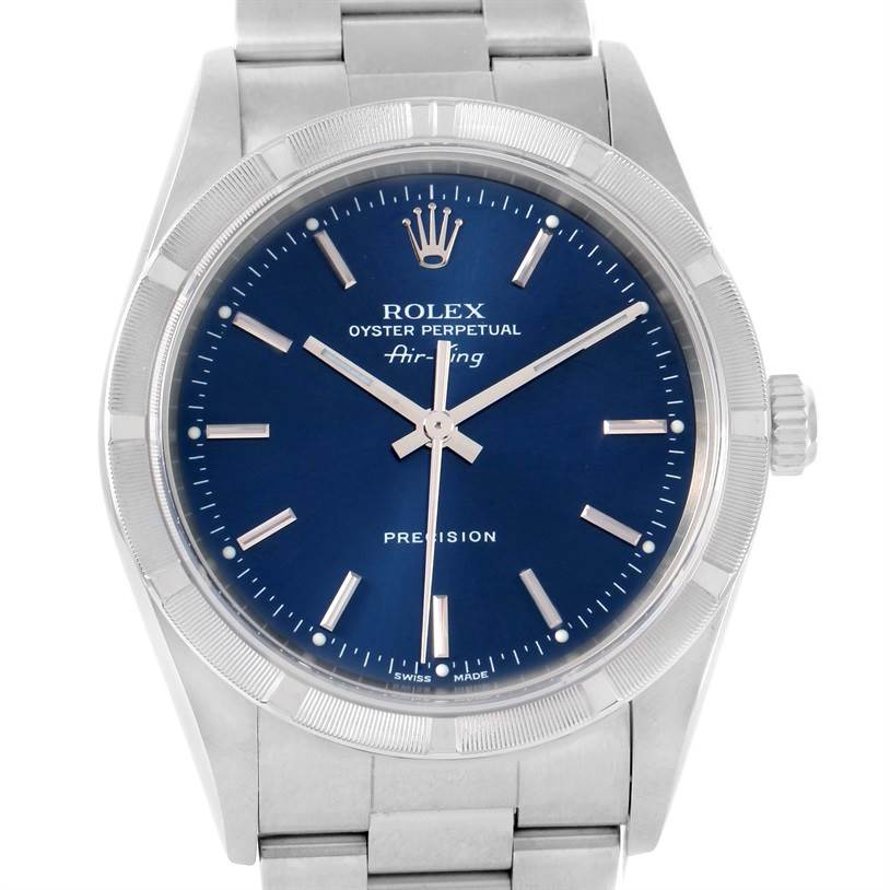 The image shows a frontal view of a Rolex Air-King 14010 Men's Stainless Steel Blue Dial 14010 Men's Stainless Steel Blue Dial watch, highlighting the dial, hour markers, hands, and bracelet.