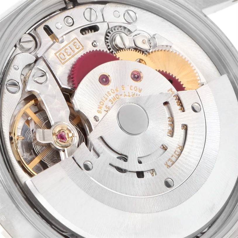 This is a close-up view of the Rolex Air-King 14000 Men's Stainless Steel Blue Dial 14000 Men's Stainless Steel Blue Dial watch movement, showing the intricate gears and rotor mechanism.