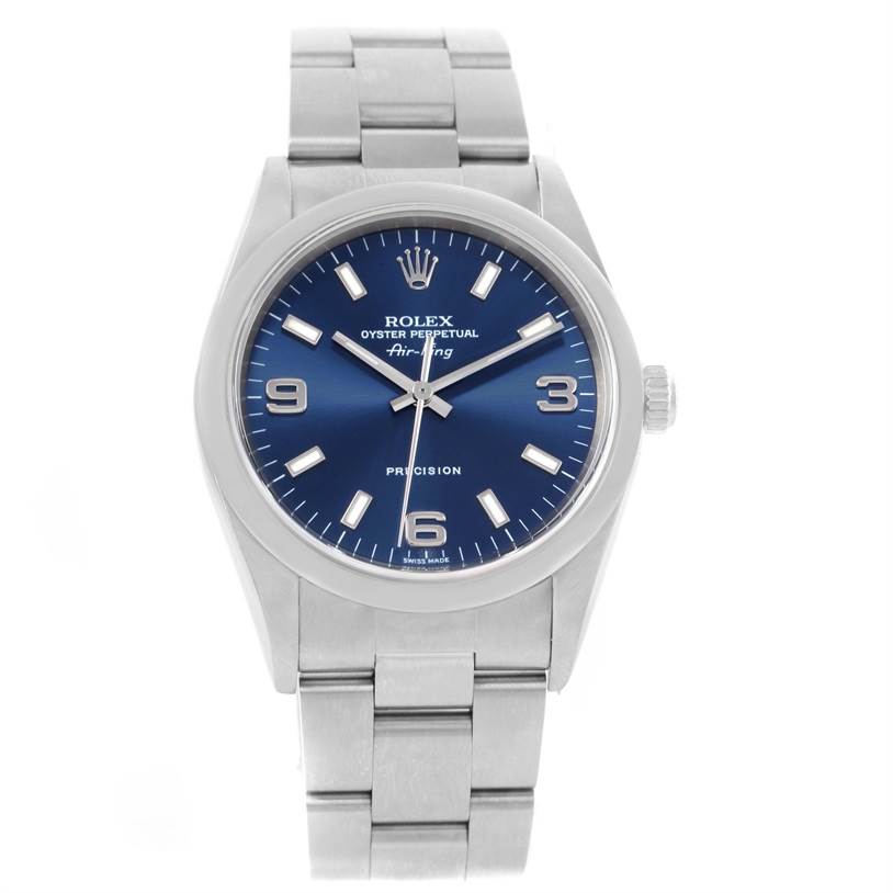 This image shows a front view of the Rolex Air-King 14000 Men's Stainless Steel Blue Dial 14000 Men's Stainless Steel Blue Dial watch, featuring the dial, bezel, and bracelet.