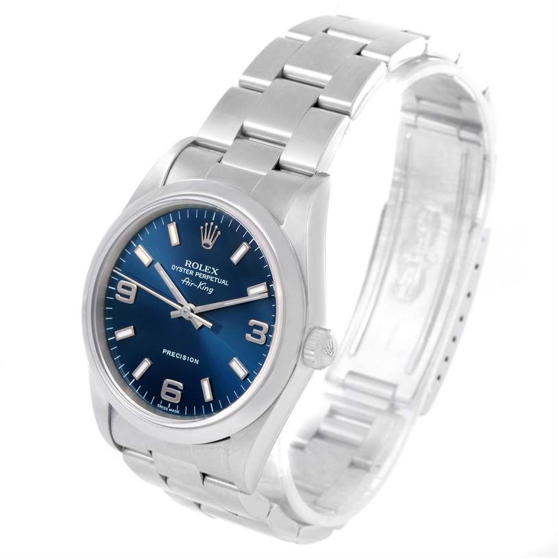 The Rolex Air-King 14000 Men's Stainless Steel Blue Dial 14000 Men's Stainless Steel Blue Dial watch is shown at a slight angle showcasing its metallic wristband and blue dial.