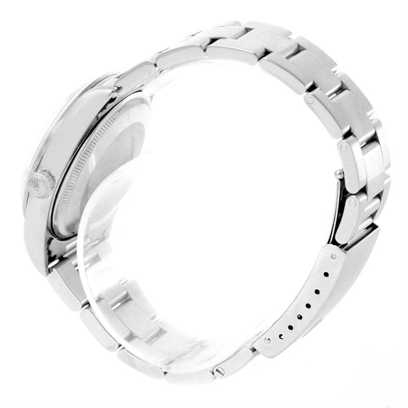 This side-angle view of the Rolex Air-King 14000 Men's Stainless Steel Blue Dial 14000 Men's Stainless Steel Blue Dial watch shows the case, crown, and metal bracelet with adjustment holes.