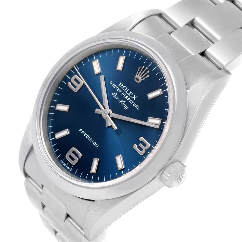 The Rolex Air-King 14000 Men's Stainless Steel Blue Dial 14000 Men's Stainless Steel Blue Dial watch is shown at a slight angle, featuring its blue dial, crown, and metallic strap.