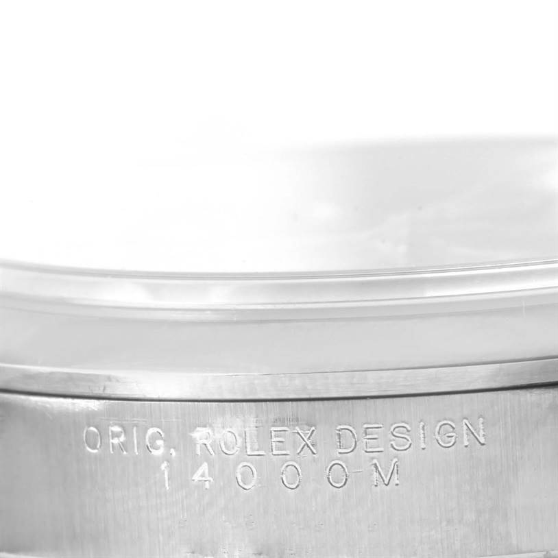 This image shows a close-up of the side of the Rolex Air-King 14000 Men's Stainless Steel Blue Dial 14000 Men's Stainless Steel Blue Dial model, highlighting the engraved reference number 14000M.