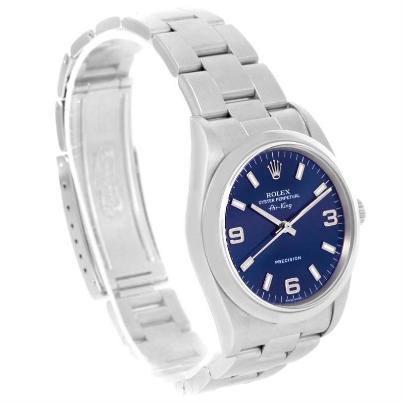 The image shows a side-angle view of the Rolex Air-King 14000 Men's Stainless Steel Blue Dial 14000 Men's Stainless Steel Blue Dial watch, highlighting the bracelet, case, and face.