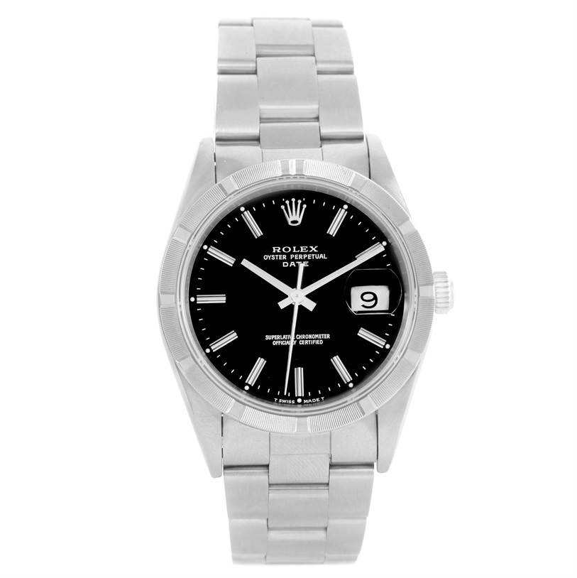 The image shows a front view of a Rolex Air-King 15210 Men's Stainless Steel Black Dial 15210 Men's Stainless Steel Black Dial watch, displaying the dial, case, bezel, crown, and bracelet.