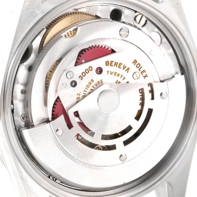 The image shows the detailed internal mechanism of a Rolex Air-King 14010 Men's Stainless Steel Black Dial 14010 Men's Stainless Steel Black Dial watch from a close-up, rear angle.