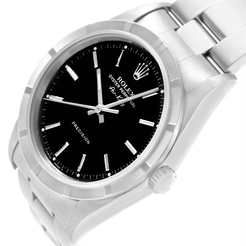 The image shows a side and part of the face view of a Rolex Air-King 14010 Men's Stainless Steel Black Dial 14010 Men's Stainless Steel Black Dial watch, highlighting its black dial, crown, bracelet, and case.
