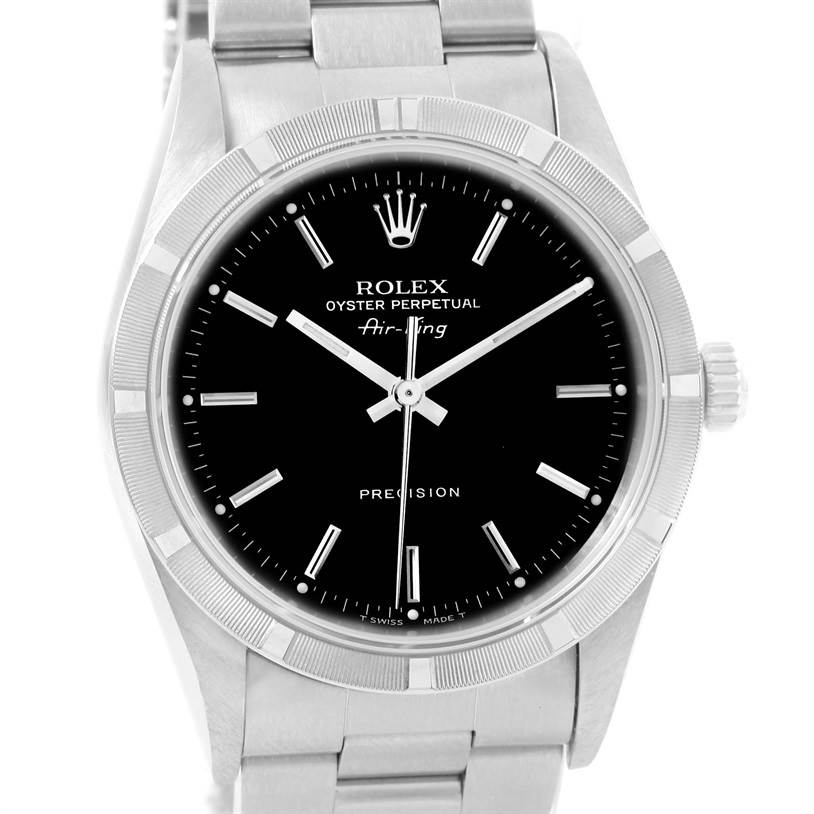 This image shows a Rolex Air-King 14010 Men's Stainless Steel Black Dial 14010 Men's Stainless Steel Black Dial watch from a front angle, highlighting the dial, bezel, crown, and bracelet.