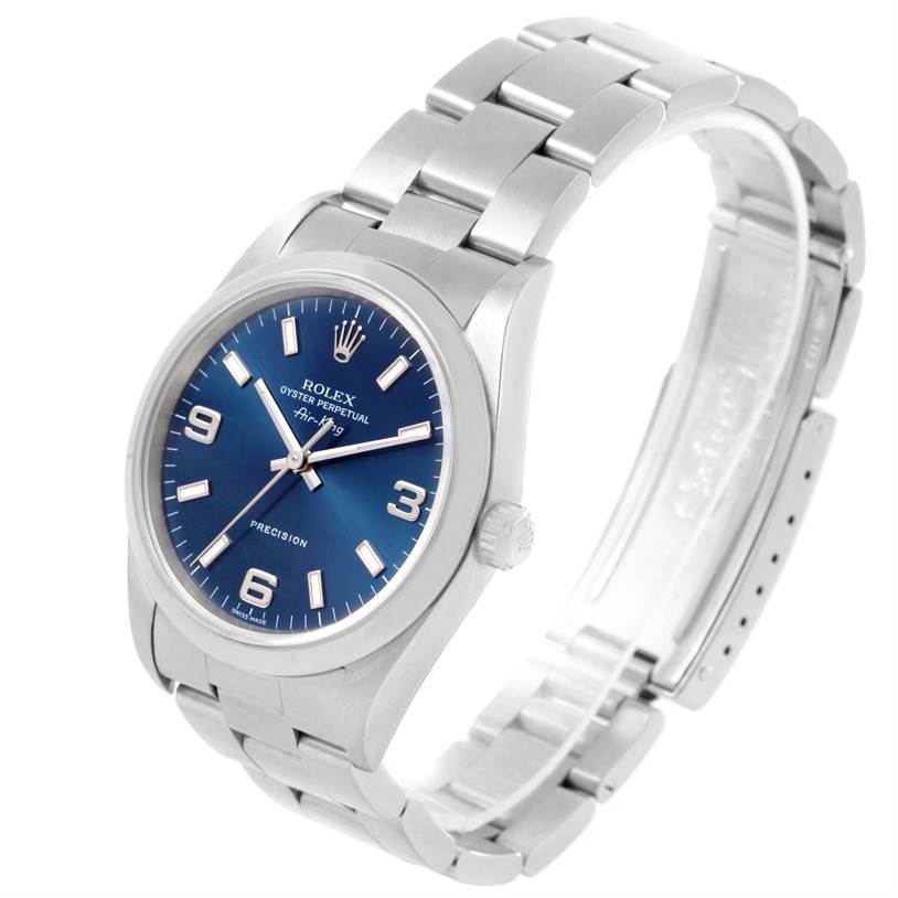 This is a Rolex Air-King 14000 Men's Stainless Steel Blue Dial 14000 Men's Stainless Steel Blue Dial watch shown at a slight angle, displaying its face, crown, and bracelet.