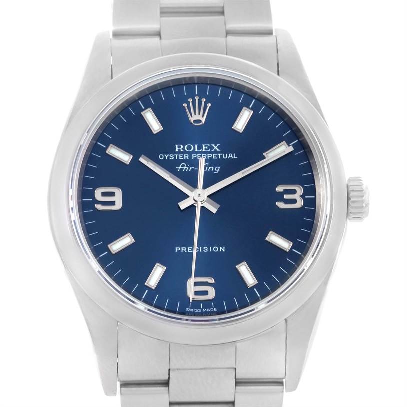 The image shows a front view of the Rolex Air-King 14000 Men's Stainless Steel Blue Dial 14000 Men's Stainless Steel Blue Dial watch, highlighting its blue dial, silver markers, and stainless steel bracelet.