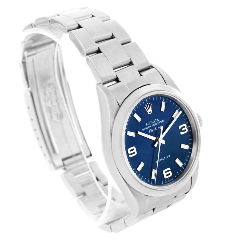 The image shows a Rolex Air-King 14000 Men's Stainless Steel Blue Dial 14000 Men's Stainless Steel Blue Dial watch at a three-quarter angle, highlighting the dial, bezel, and bracelet.