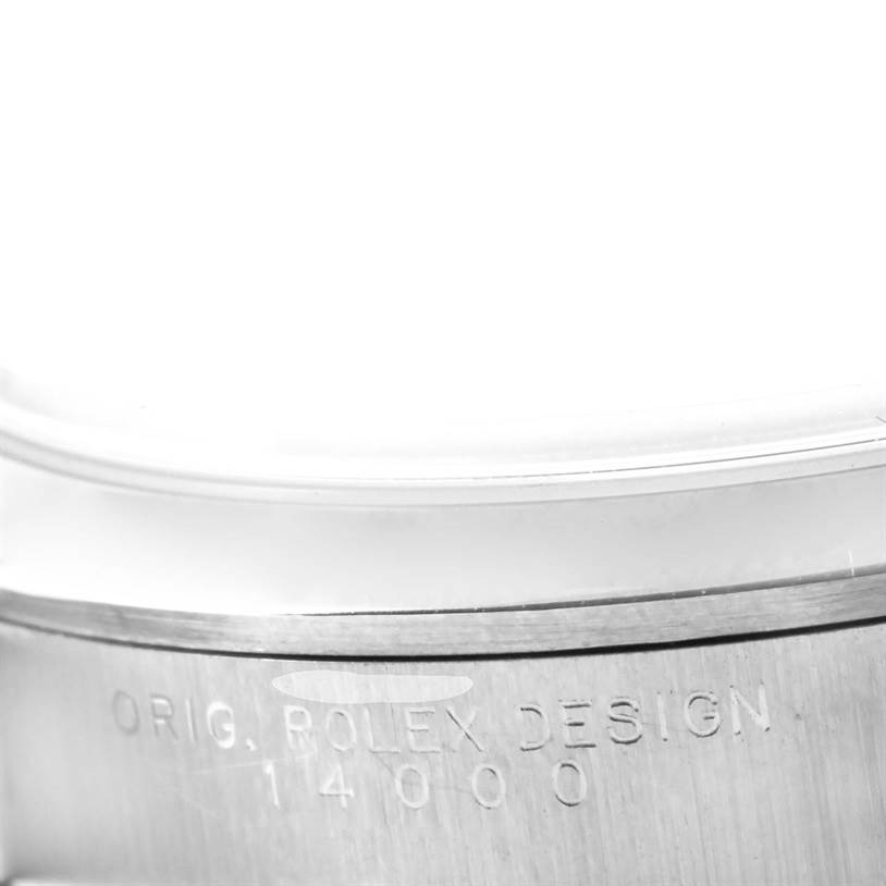 The image shows the case back edge of a Rolex Air-King 14000 Men's Stainless Steel Blue Dial 14000 Men's Stainless Steel Blue Dial watch with the engraved model number "14000."