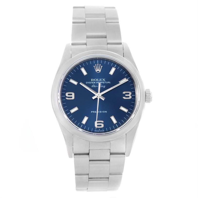 The Rolex Air-King 14000 Men's Stainless Steel Blue Dial 14000 Men's Stainless Steel Blue Dial watch is shown from a front angle, highlighting its blue dial, stainless steel case, and bracelet.