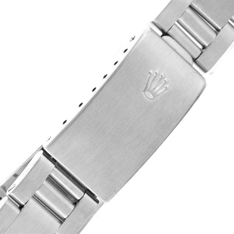 This image shows a close-up of the clasp and part of the bracelet of a Rolex Air-King 14000 Men's Stainless Steel Black Dial 14000 Men's Stainless Steel Black Dial watch.