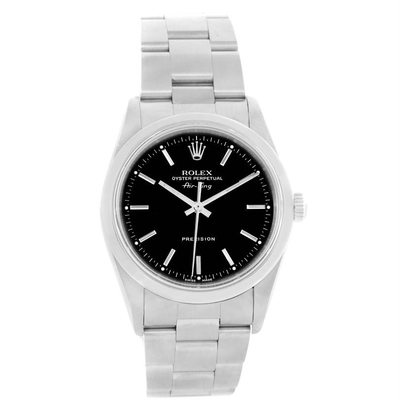 The Rolex Air-King 14000 Men's Stainless Steel Black Dial 14000 Men's Stainless Steel Black Dial watch is shown from a front angle, displaying the dial, case, and bracelet.