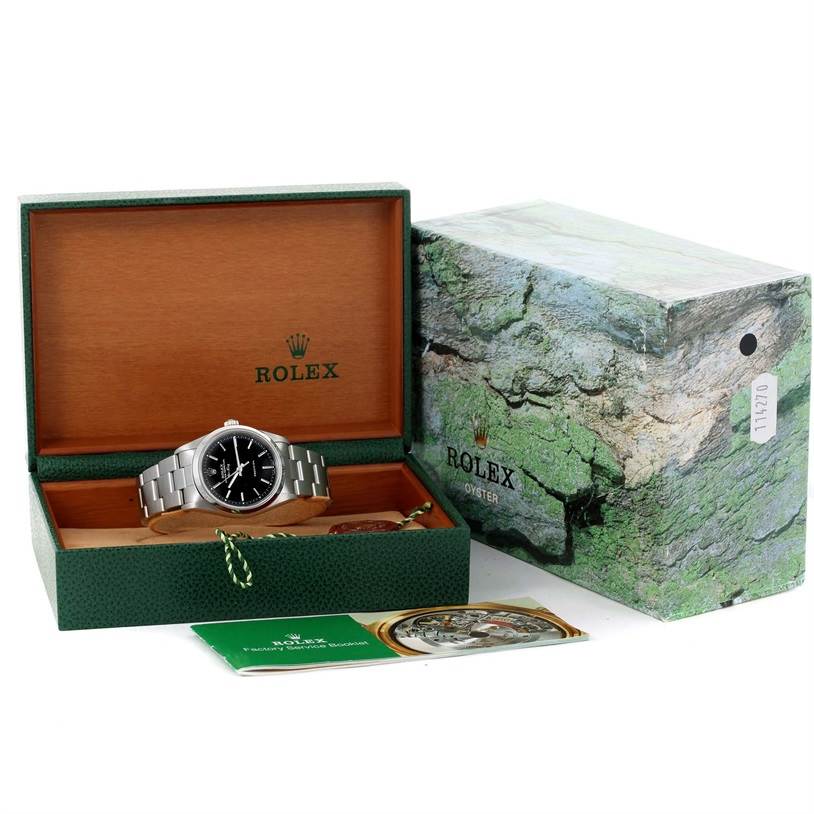 The image shows a Rolex Air-King 14000 Men's Stainless Steel Black Dial 14000 Men's Stainless Steel Black Dial watch in its opened box with an outer protective box and accompanying booklets.