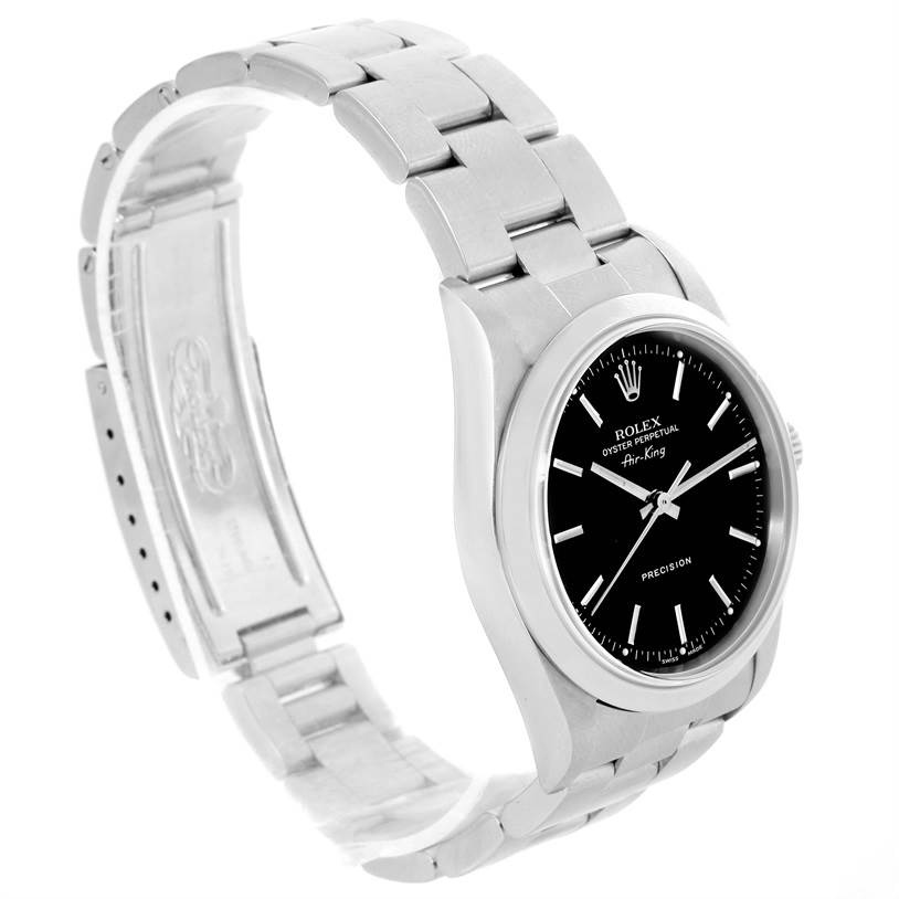 The image shows a Rolex Air-King 14000 Men's Stainless Steel Black Dial 14000 Men's Stainless Steel Black Dial watch at a side angle, featuring its stainless steel bracelet, black dial, and case.