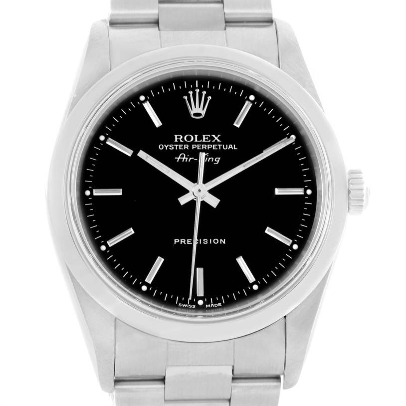 This image shows a front view of the Rolex Air-King 14000 Men's Stainless Steel Black Dial 14000 Men's Stainless Steel Black Dial watch, focusing on the dial, case, and part of the bracelet.