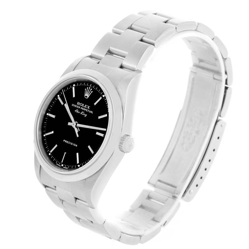 The Rolex Air-King 14000 Men's Stainless Steel Black Dial 14000 Men's Stainless Steel Black Dial watch is shown at a three-quarter side angle, displaying its dial, bezel, crown, and bracelet.
