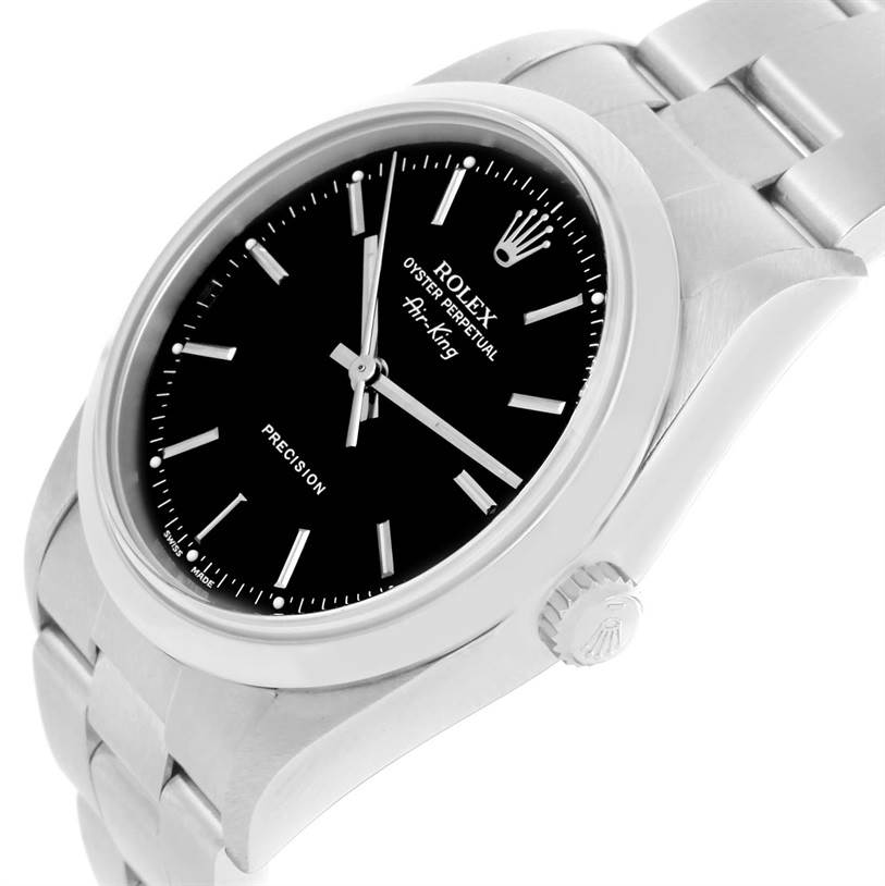 This Rolex Air-King 14000 Men's Stainless Steel Black Dial 14000 Men's Stainless Steel Black Dial watch is shown from an angled side view, highlighting the bezel, dial, bracelet, and crown.