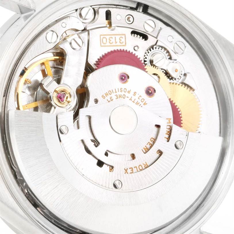 The image shows the inner mechanical movement of a Rolex Air-King 14010 Men's Stainless Steel Blue Dial 14010 Men's Stainless Steel Blue Dial watch from a rear angle.