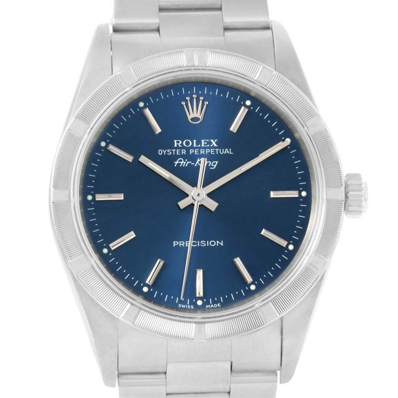 The image shows a front view of a Rolex Air-King 14010 Men's Stainless Steel Blue Dial 14010 Men's Stainless Steel Blue Dial watch, displaying the dial, hands, crown, and part of the bracelet.