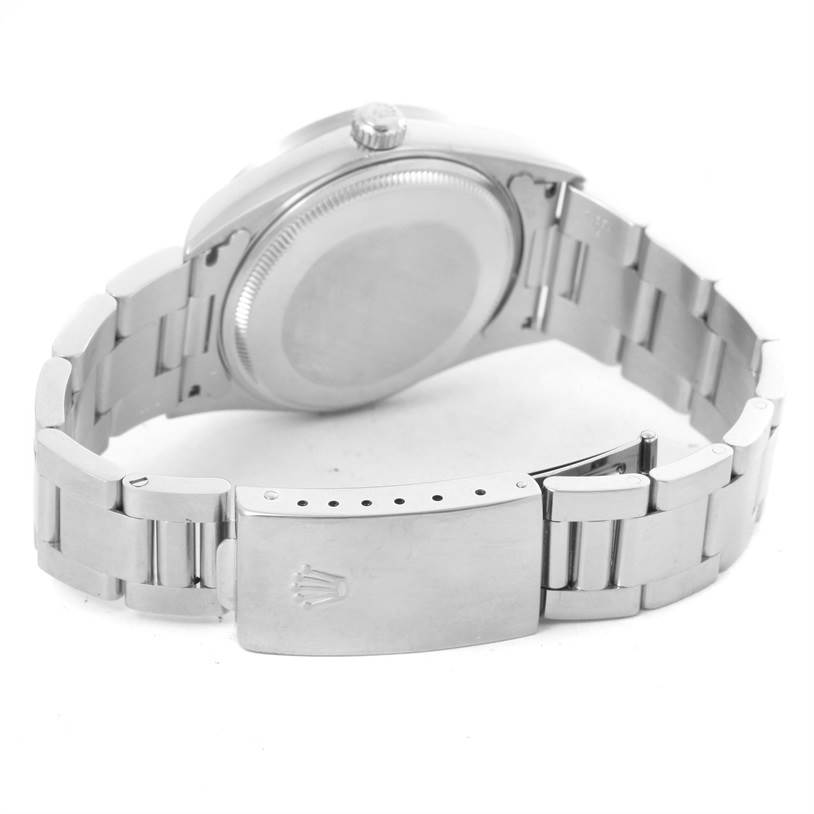 This image shows the back view of a Rolex Air-King 14010 Men's Stainless Steel Blue Dial 14010 Men's Stainless Steel Blue Dial watch focusing on the clasp and bracelet.