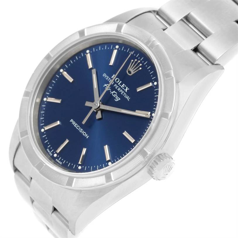The image shows a Rolex Air-King 14010 Men's Stainless Steel Blue Dial 14010 Men's Stainless Steel Blue Dial watch at a slight angle, displaying the face, bezel, crown, and part of the bracelet.