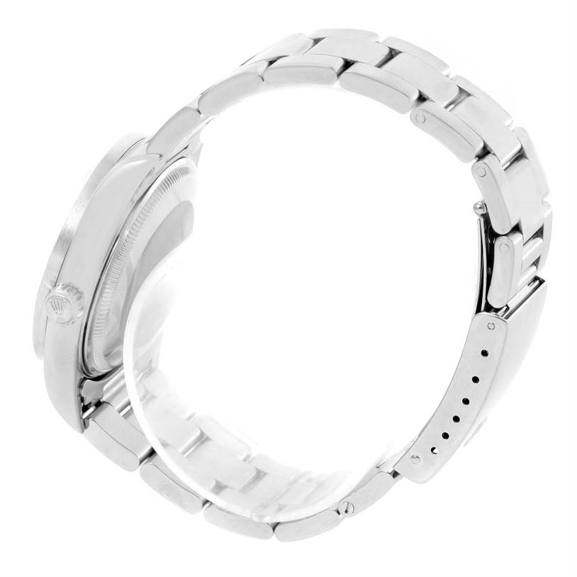 This image shows a side view of a Rolex Air-King 14010 Men's Stainless Steel Blue Dial 14010 Men's Stainless Steel Blue Dial watch, focusing on the bracelet and side case, including the crown.