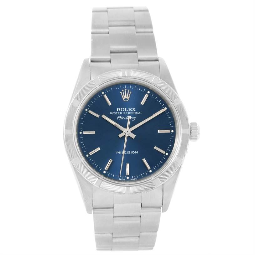 The image shows a front view of the Rolex Air-King 14010 Men's Stainless Steel Blue Dial 14010 Men's Stainless Steel Blue Dial watch, including the dial, hands, bezel, and bracelet.