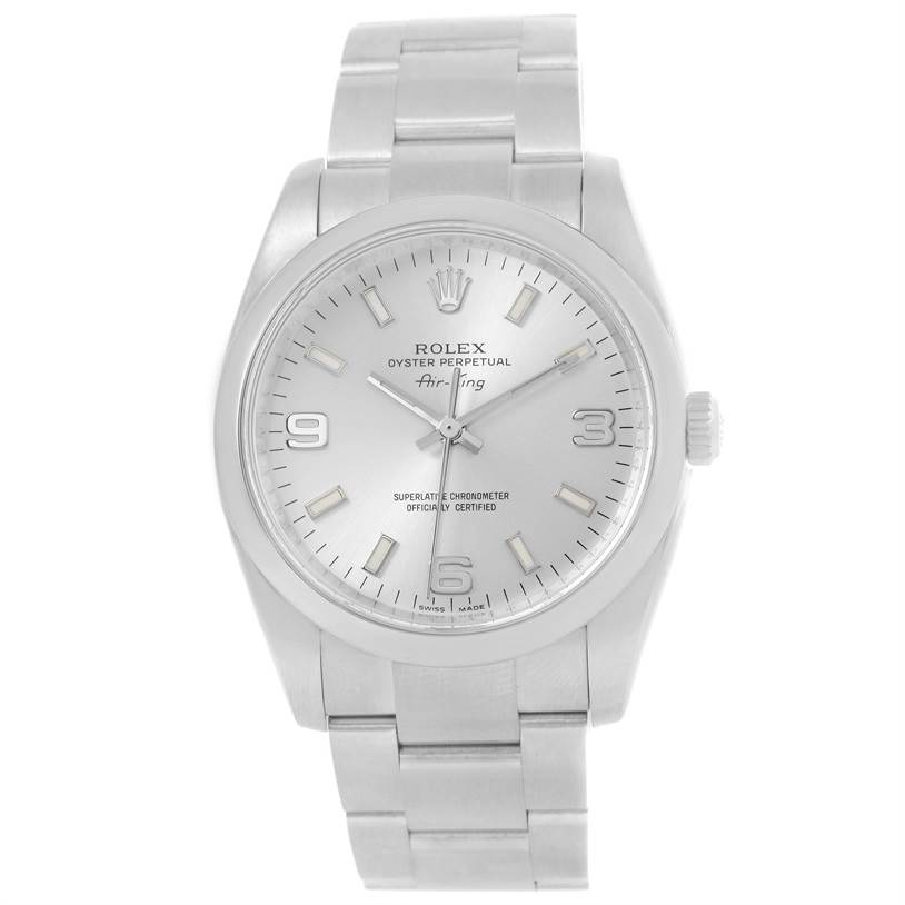 This is a front view of a Rolex Air-King 114200 Men's Stainless Steel Silver Dial 114200 Men's Stainless Steel Silver Dial watch displaying the face, hands, case, and part of the bracelet.