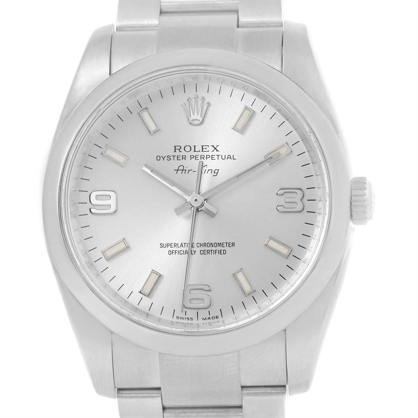 This image shows a Rolex Air-King 114200 Men's Stainless Steel Silver Dial 114200 Men's Stainless Steel Silver Dial watch, captured from a front angle, displaying its dial, hands, crown, and bracelet.