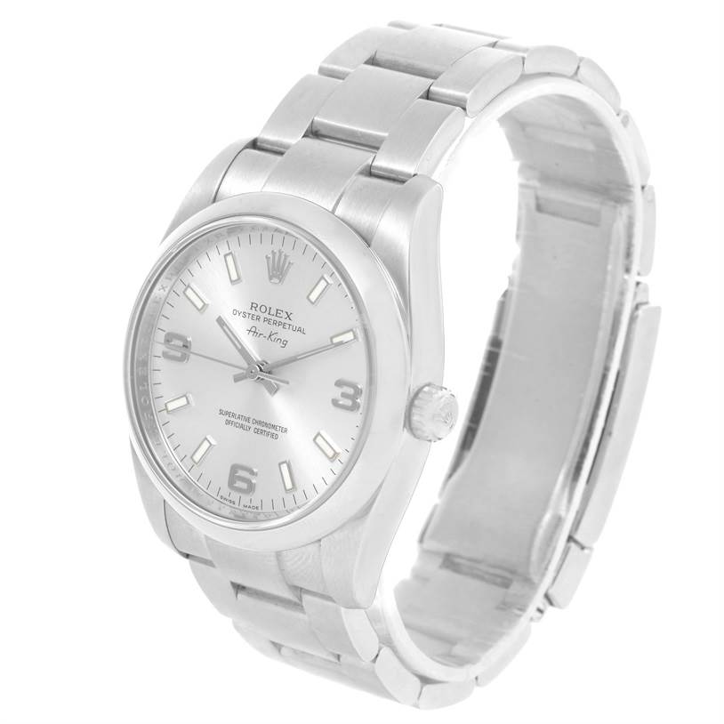 The image shows a Rolex Air-King 114200 Men's Stainless Steel Silver Dial 114200 Men's Stainless Steel Silver Dial watch at a three-quarter angle, displaying its face, crown, and bracelet.