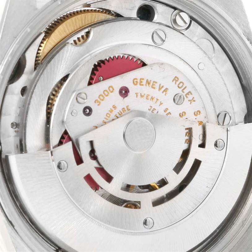 This image shows a close-up of the movement mechanism of the Rolex Air-King 14010 Men's Stainless Steel Silver Dial 14010 Men's Stainless Steel Silver Dial watch.