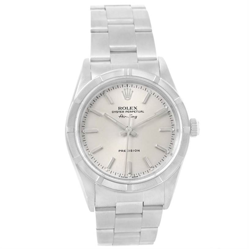 This is a front view of a Rolex Air-King 14010 Men's Stainless Steel Silver Dial 14010 Men's Stainless Steel Silver Dial watch, showcasing the dial, bezel, and bracelet.