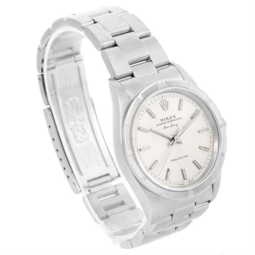 This is a Rolex Air-King 14010 Men's Stainless Steel Silver Dial 14010 Men's Stainless Steel Silver Dial watch shown at a three-quarter angle, displaying its full face, bezel, bracelet, and clasp.