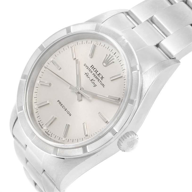 This Rolex Air-King 14010 Men's Stainless Steel Silver Dial 14010 Men's Stainless Steel Silver Dial watch is shown at a tilted angle, highlighting the dial, case, bezel, crown, and part of the bracelet.