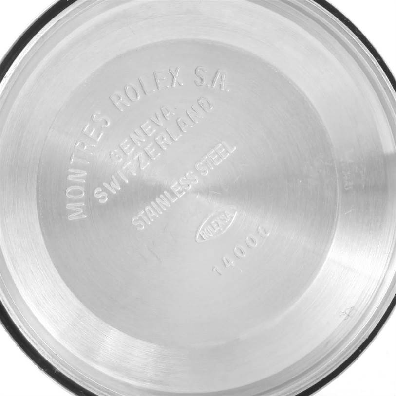 The image shows the inner case back of a Rolex Air-King 14010 Men's Stainless Steel Silver Dial 14010 Men's Stainless Steel Silver Dial watch, model 14000.