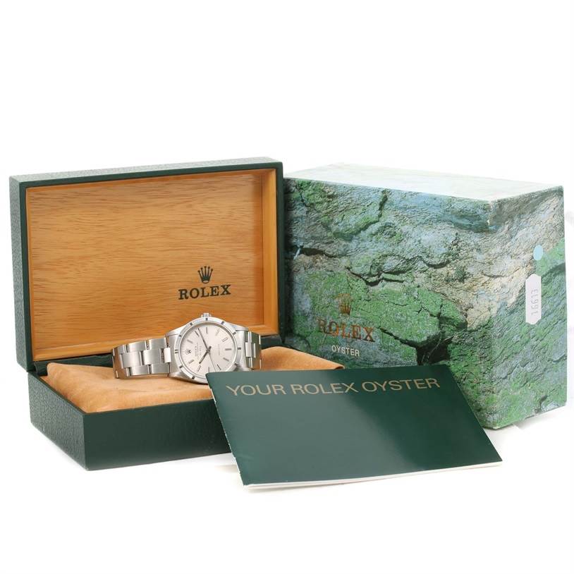 The image shows a Rolex Air-King 14010 Men's Stainless Steel Silver Dial 14010 Men's Stainless Steel Silver Dial watch in its presentation box, along with the outer box and instruction booklet.