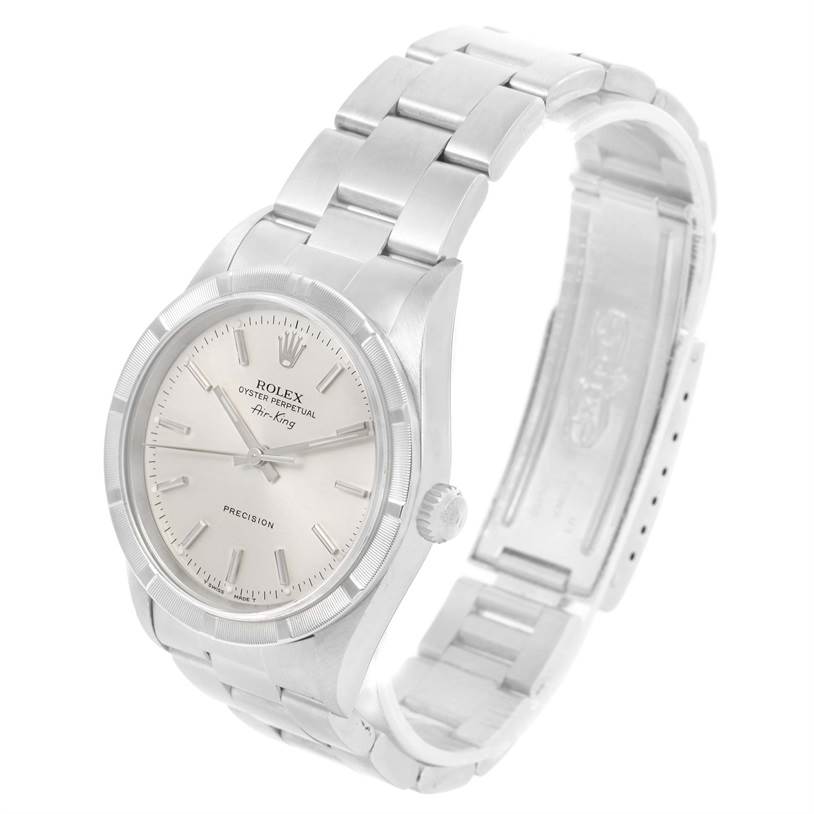 This image shows the face and bracelet of the Rolex Air-King 14010 Men's Stainless Steel Silver Dial 14010 Men's Stainless Steel Silver Dial watch from an angled perspective.