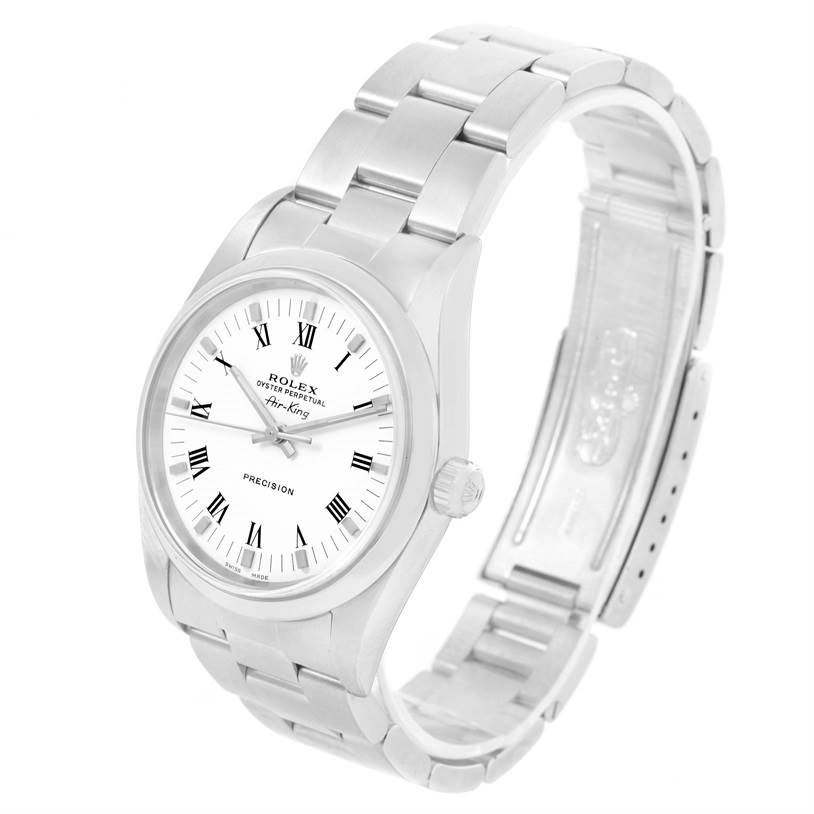 The image shows a front angled view of a Rolex Air-King 14000 Men's Stainless Steel White Dial 14000 Men's Stainless Steel White Dial watch, highlighting its dial, crown, and bracelet.