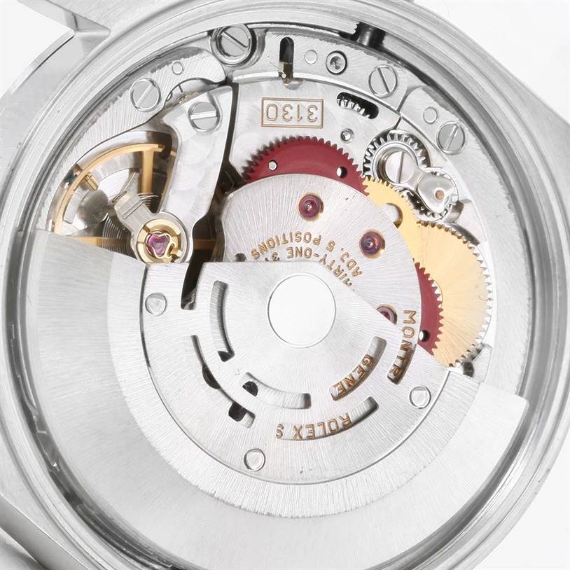 The image shows the internal movement mechanism of a Rolex Air-King 14000 Men's Stainless Steel Black Dial 14000 Men's Stainless Steel Black Dial watch from a close-up, back angle.