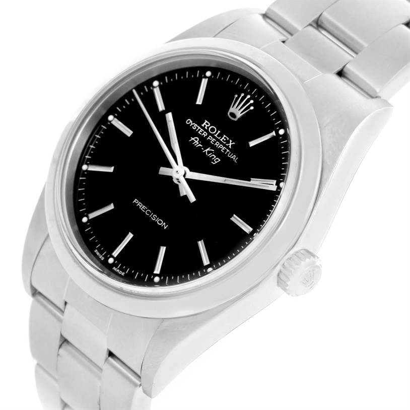 The image shows a Rolex Air-King 14000 Men's Stainless Steel Black Dial 14000 Men's Stainless Steel Black Dial watch from an angled view displaying the face, crown, and stainless steel bracelet.